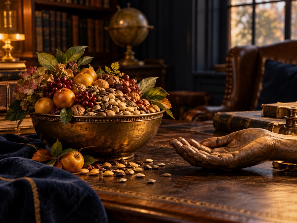 A generous bowl of fruit and seeds beside an open hand