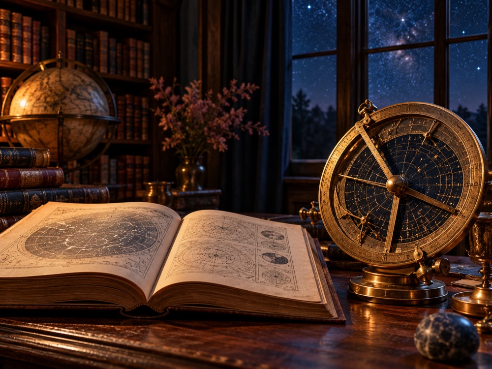 An antique astrolabe and star charts in a dark library