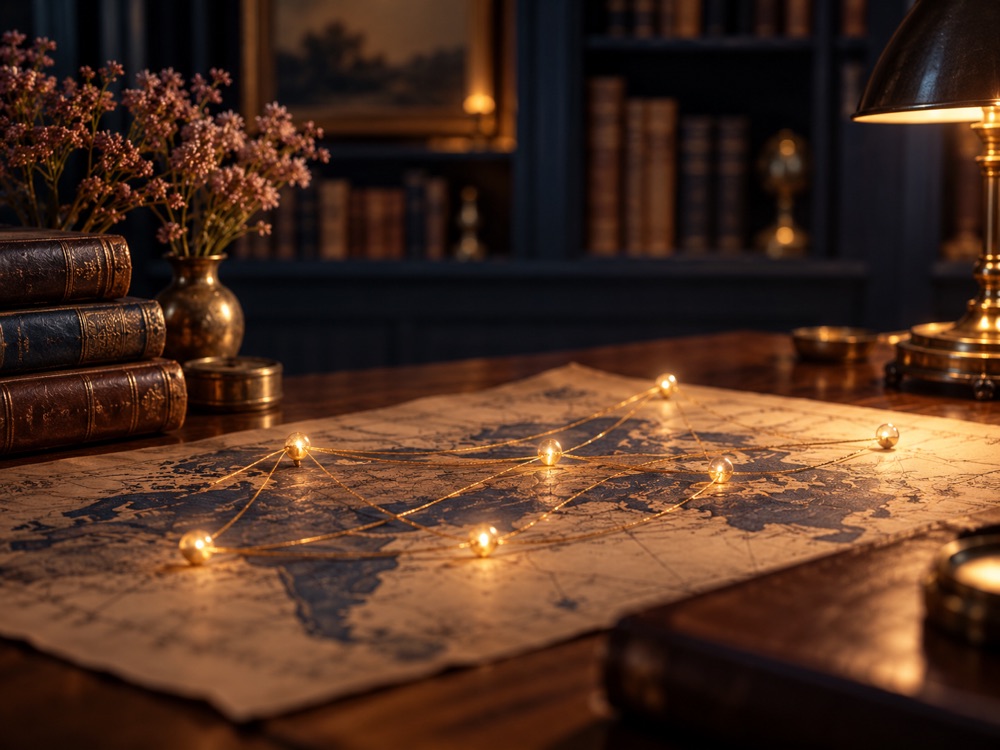 Golden threads joining points of light across an old map